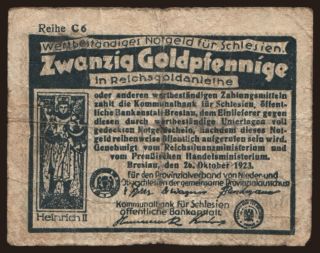 Breslau/ Provinzialverband von Nieder- u. Oberschlesien. 20 Goldpfennig, 1923
