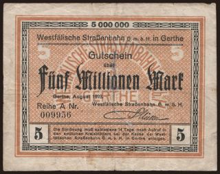 Gerthe/ Westfälische Straßenbahn G.m.b.H., 5.000.000 mark, 1923