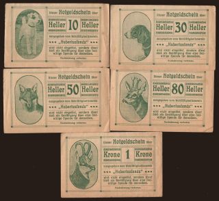 Wien/ Hubertusfond, 10, 30, 50, 80 Heller, 1 Krone, 1920