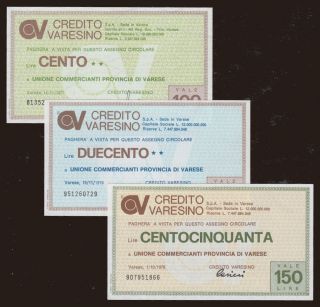 Credito Varesino, 100, 150, 200 lire, 1976-77, (3x)