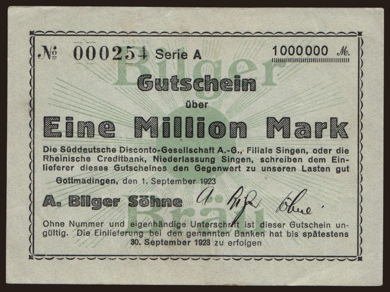 Gottmadingen/ A. Bilger Söhne, 1.000.000 Mark, 1923