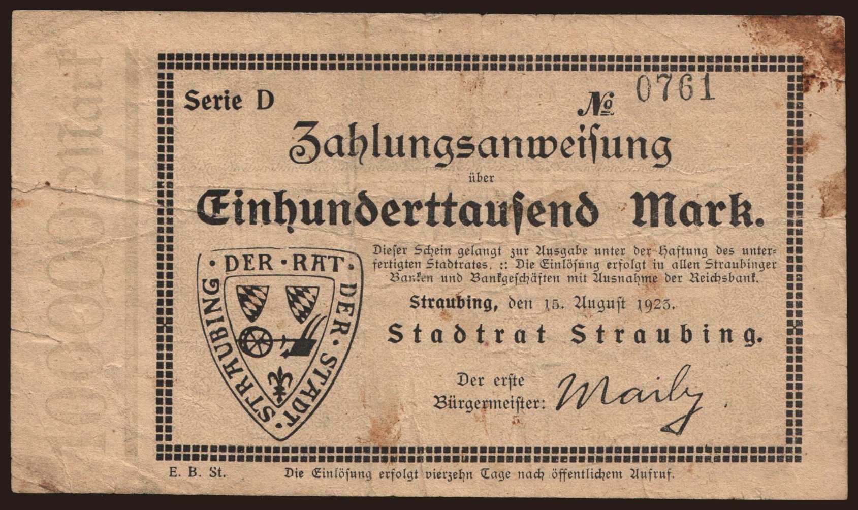 Straubing/ Stadtrat, 100.000 Mark, 1923