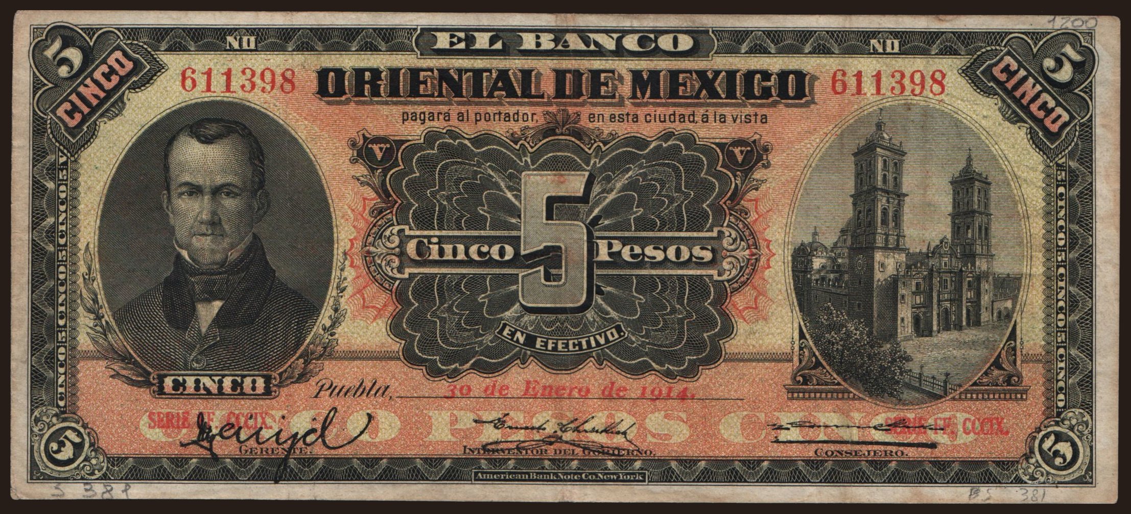 El Banco Oriental de Mexico, 5 pesos, 1914