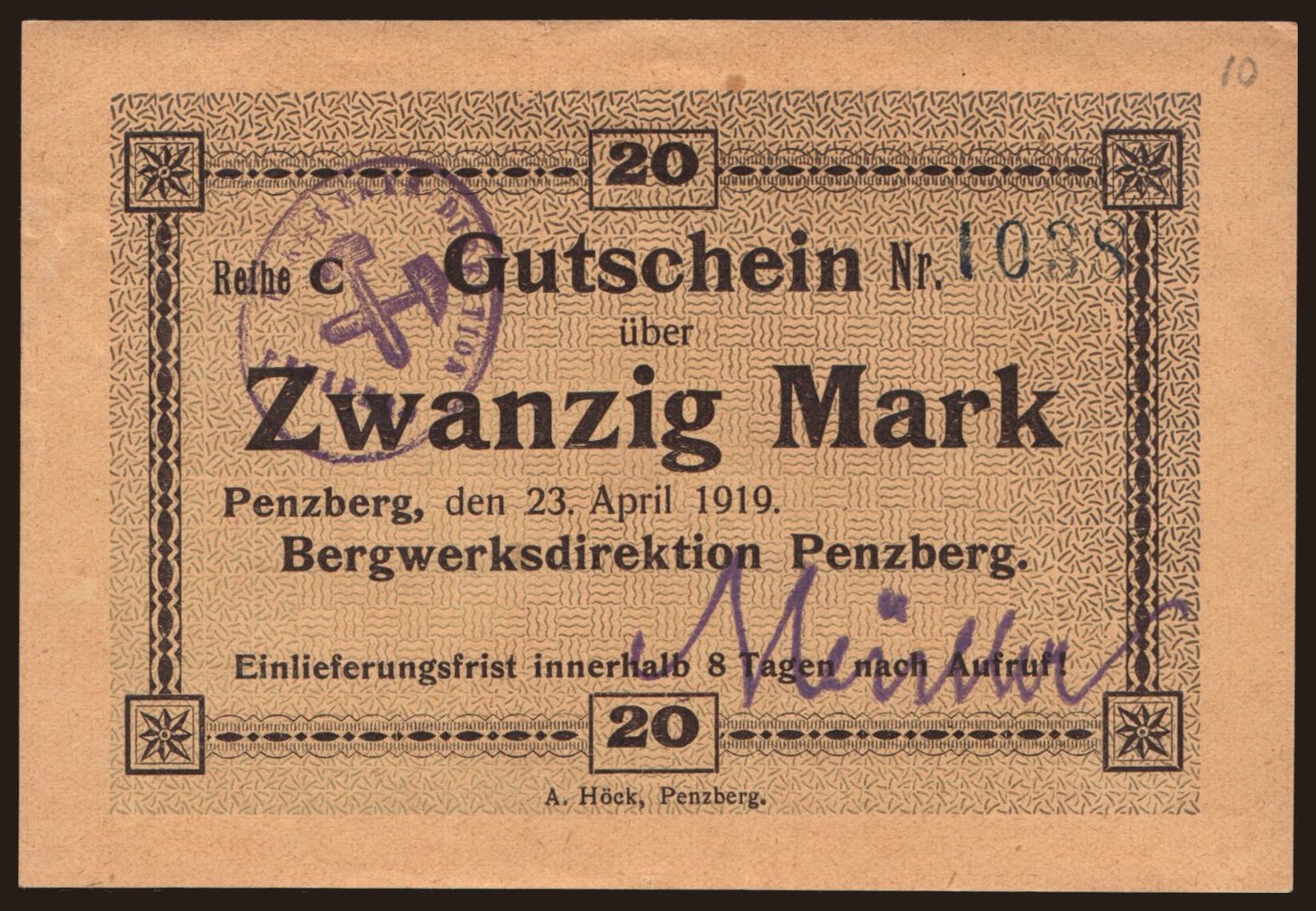 Penzberg/ Bergwerksdirektion, 20 Mark, 1919
