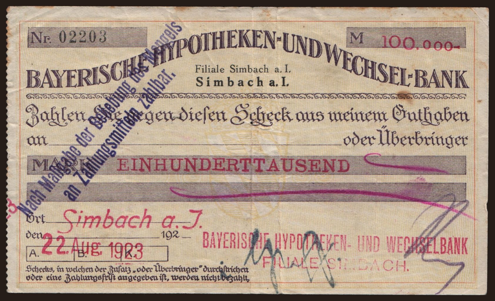 Simbach/ Bayerische Hypotheken und Wechsel Bank, 100.000 Mark, 1923