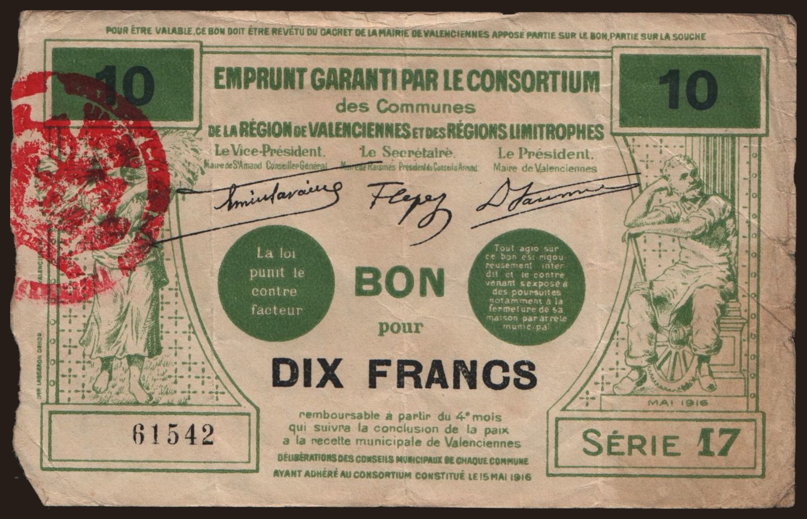 Valenciennes & Limitrophes, 10 francs, 1916