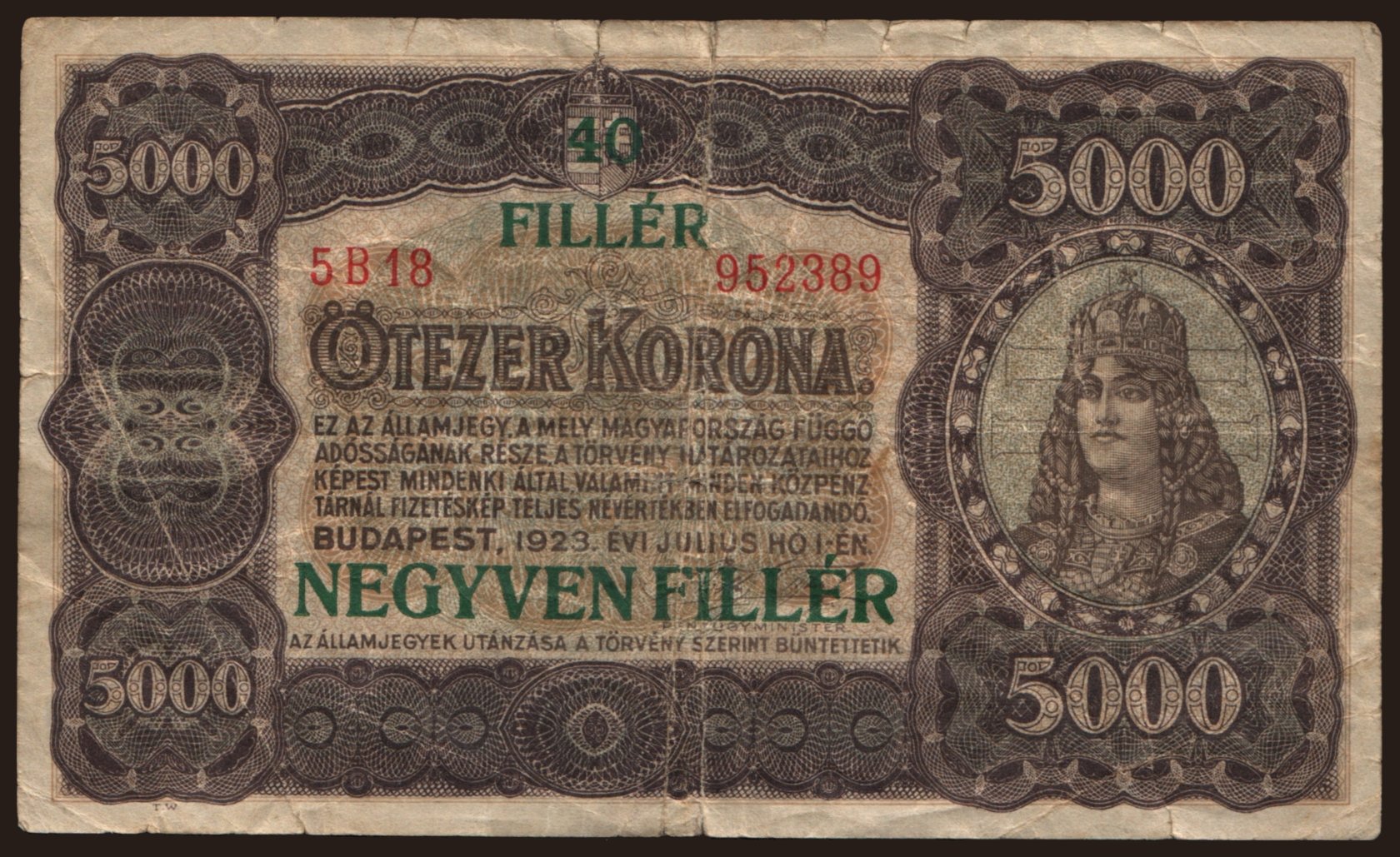 5000 korona/ 40 fillér, 1923