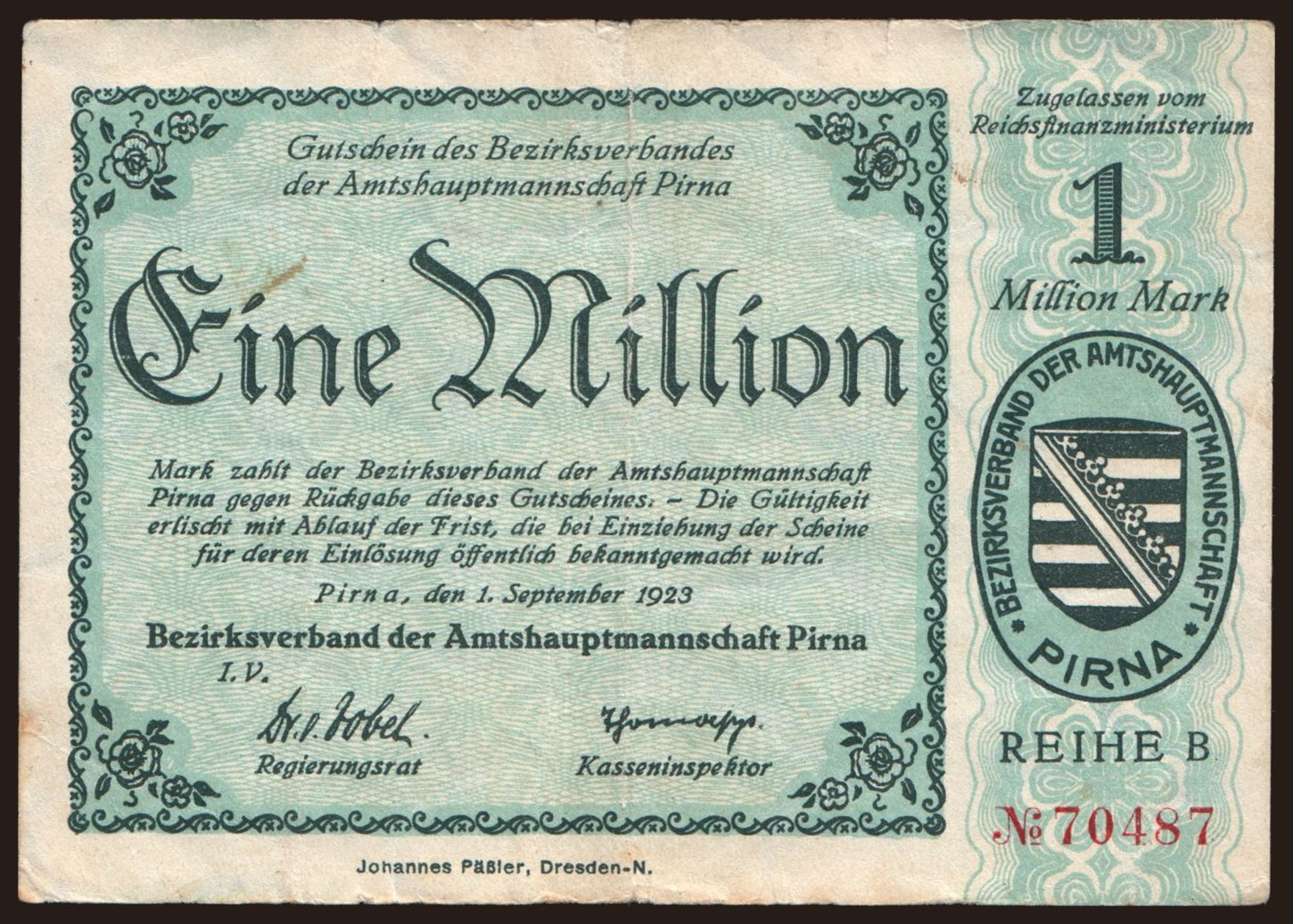 Pirna/ Bezirksverband der Amtshauptmannschaft, 1.000.000 Mark, 1923