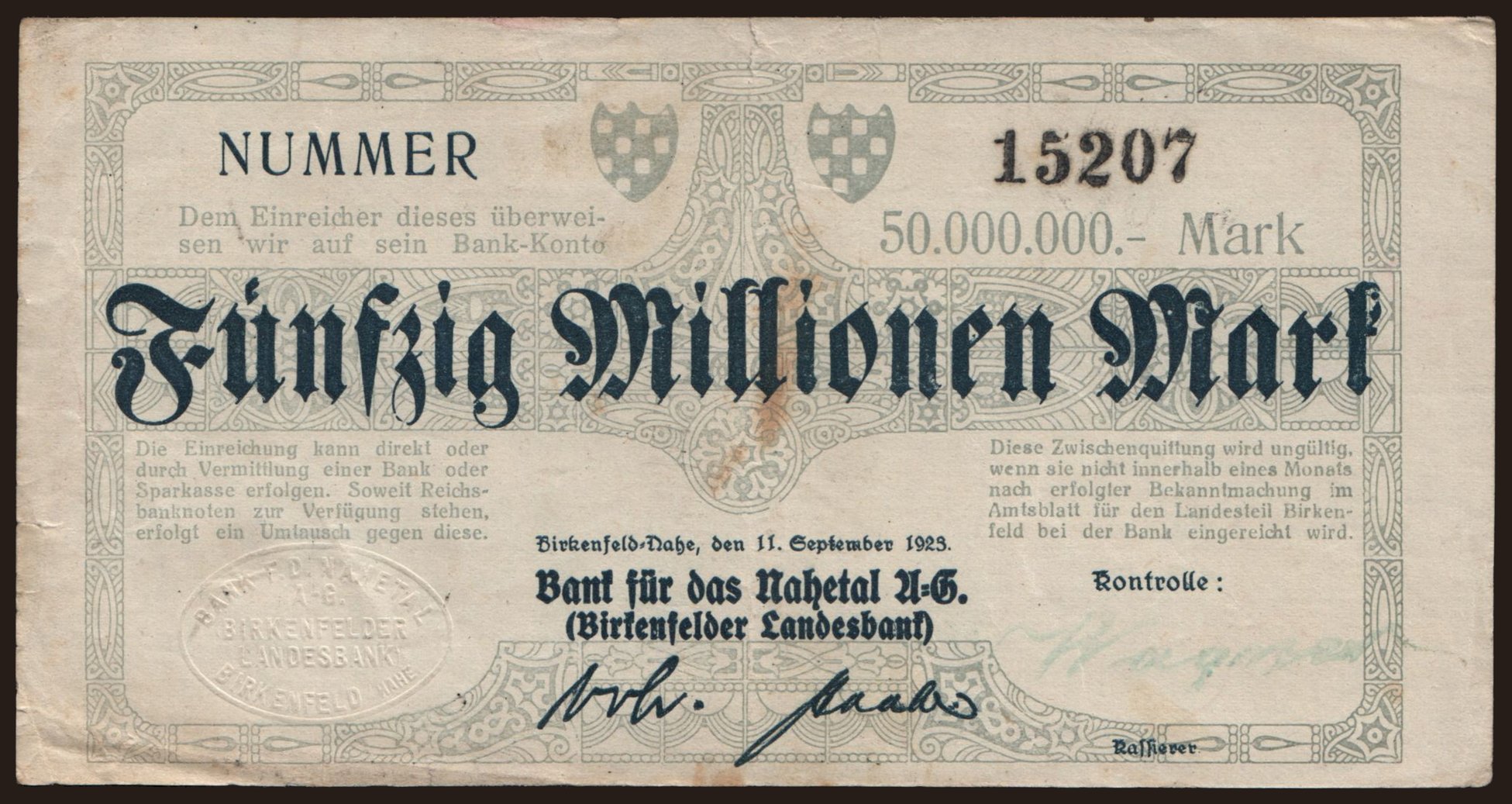 Birkenfeld/ Bank für das Nahetal A.-G., 50.000.000 Mark, 1923