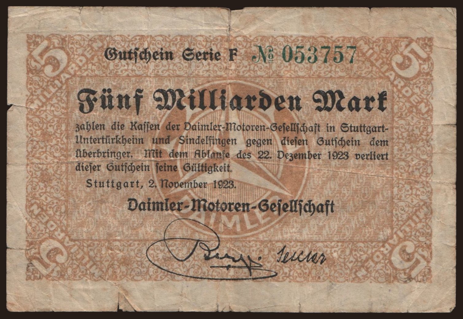 Stuttgart/ Daimler-Motoren-Gesellschaft, 5.000.000.000 Mark, 1923