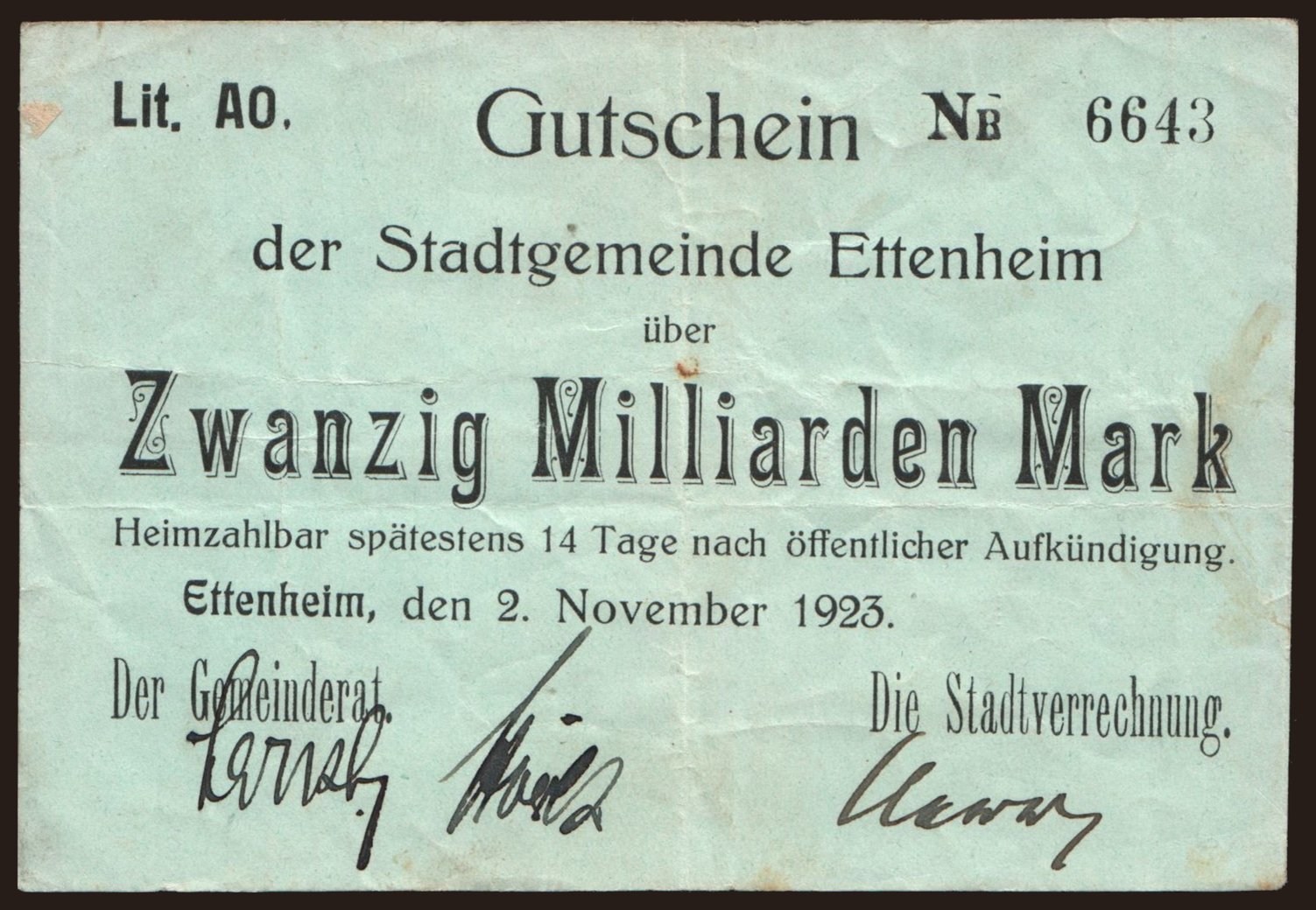 Ettenheim/ Stadt, 20.000.000.000 Mark, 1923