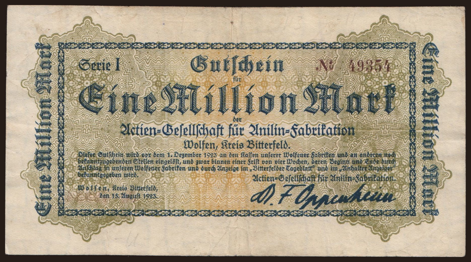 Wolfen/ Actien-Gesellschaft für Anilin-Fabrikation, 1.000.000 Mark, 1923