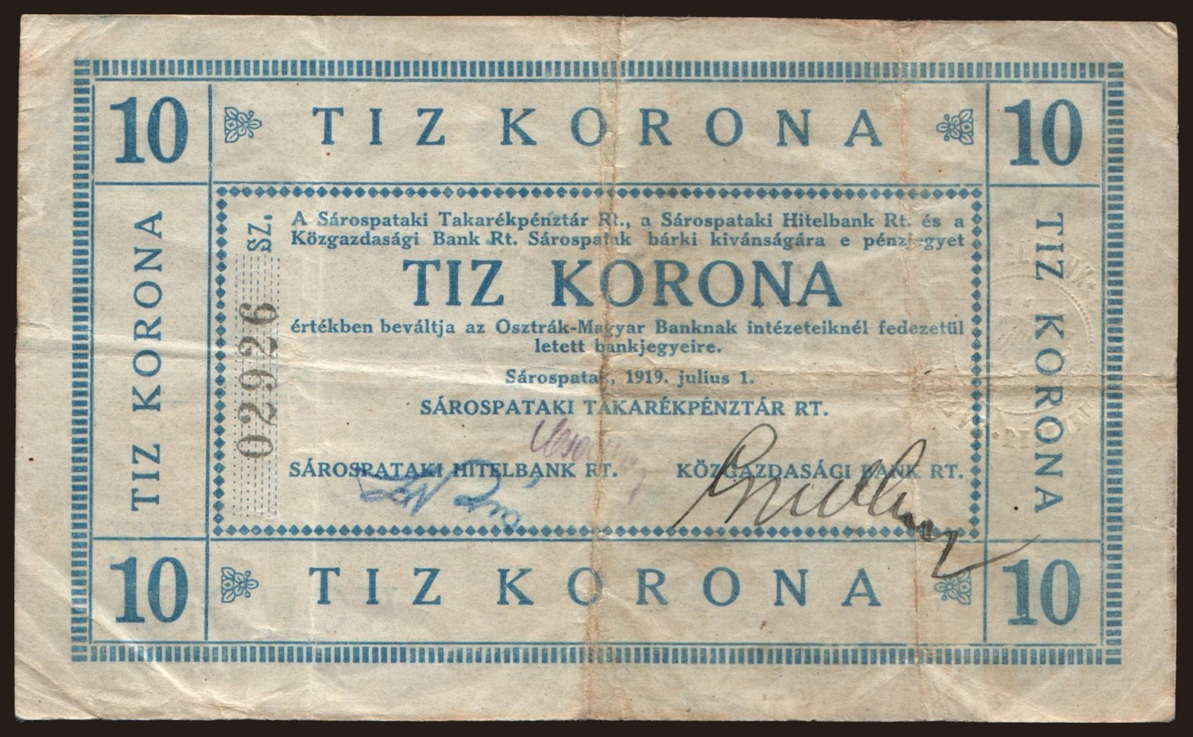 Sárospatak, 10 korona, 1919