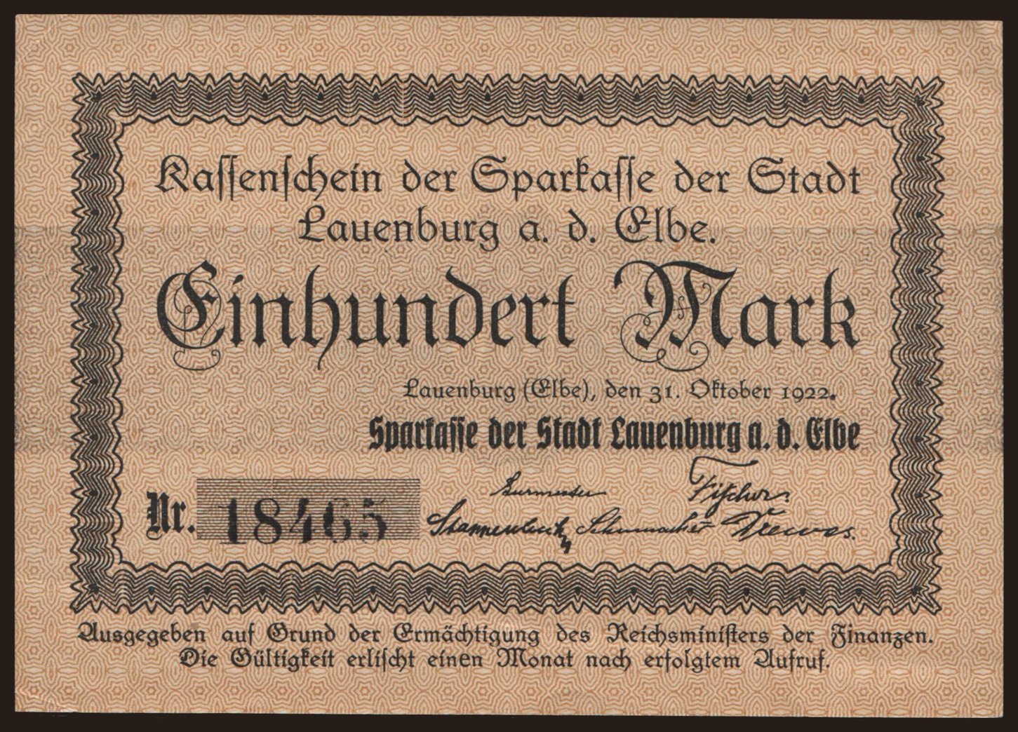 Lauenburg/ Sparkasse der Stadt, 100 Mark, 1922