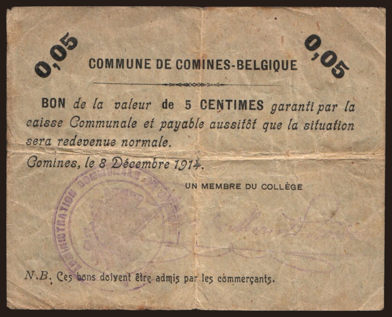 Comines, 5 centimes, 1914
