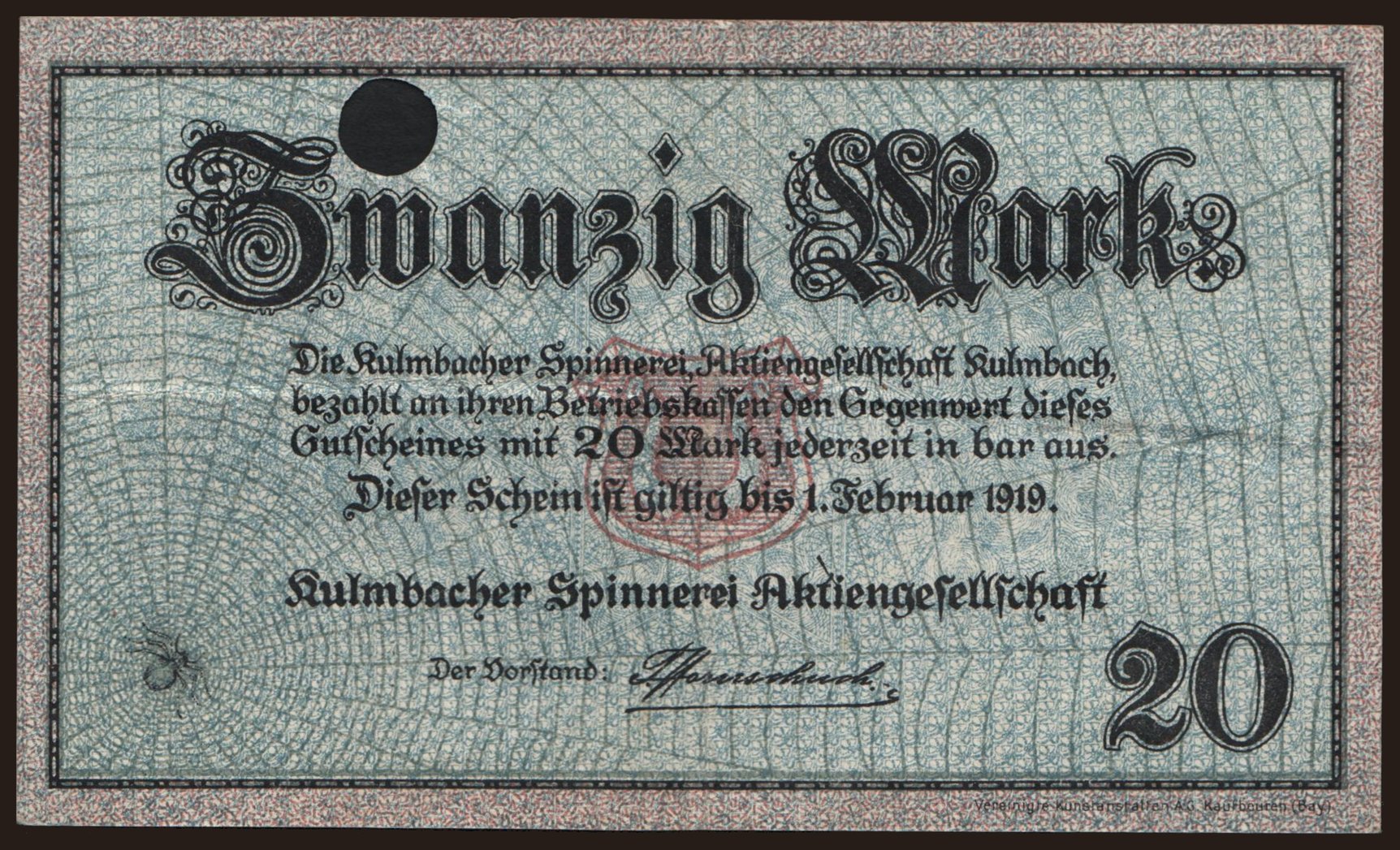 Kulmbach/ Spinnerei A.G., 20 Mark, 1919