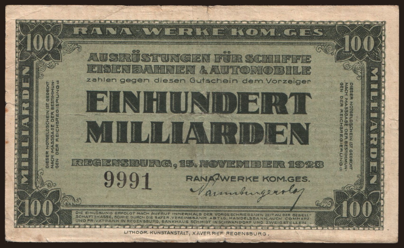 Regensburg/ RANA - Werke Kom. Ges., 100.000.000.000 Mark, 1923