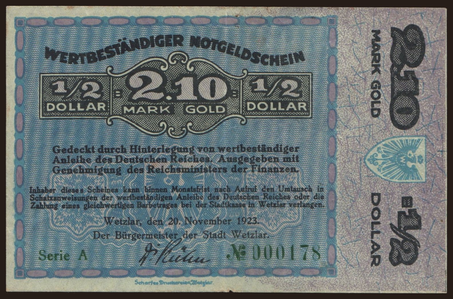 Wetzlar/ Stadt, 2.10 Mark Gold, 1923