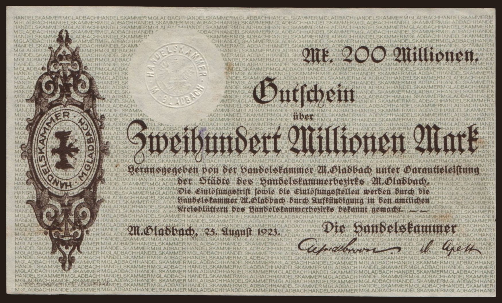 München-Gladbach/ Handelskammer, 200.000.000 mark, 1923