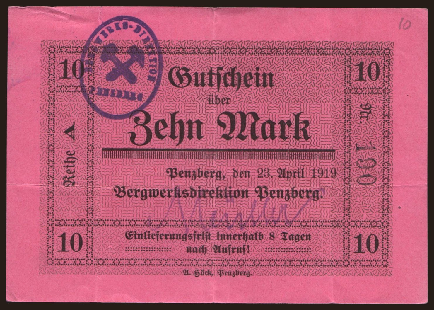 Penzberg/ Bergwerksdirektion, 10 Mark, 1919