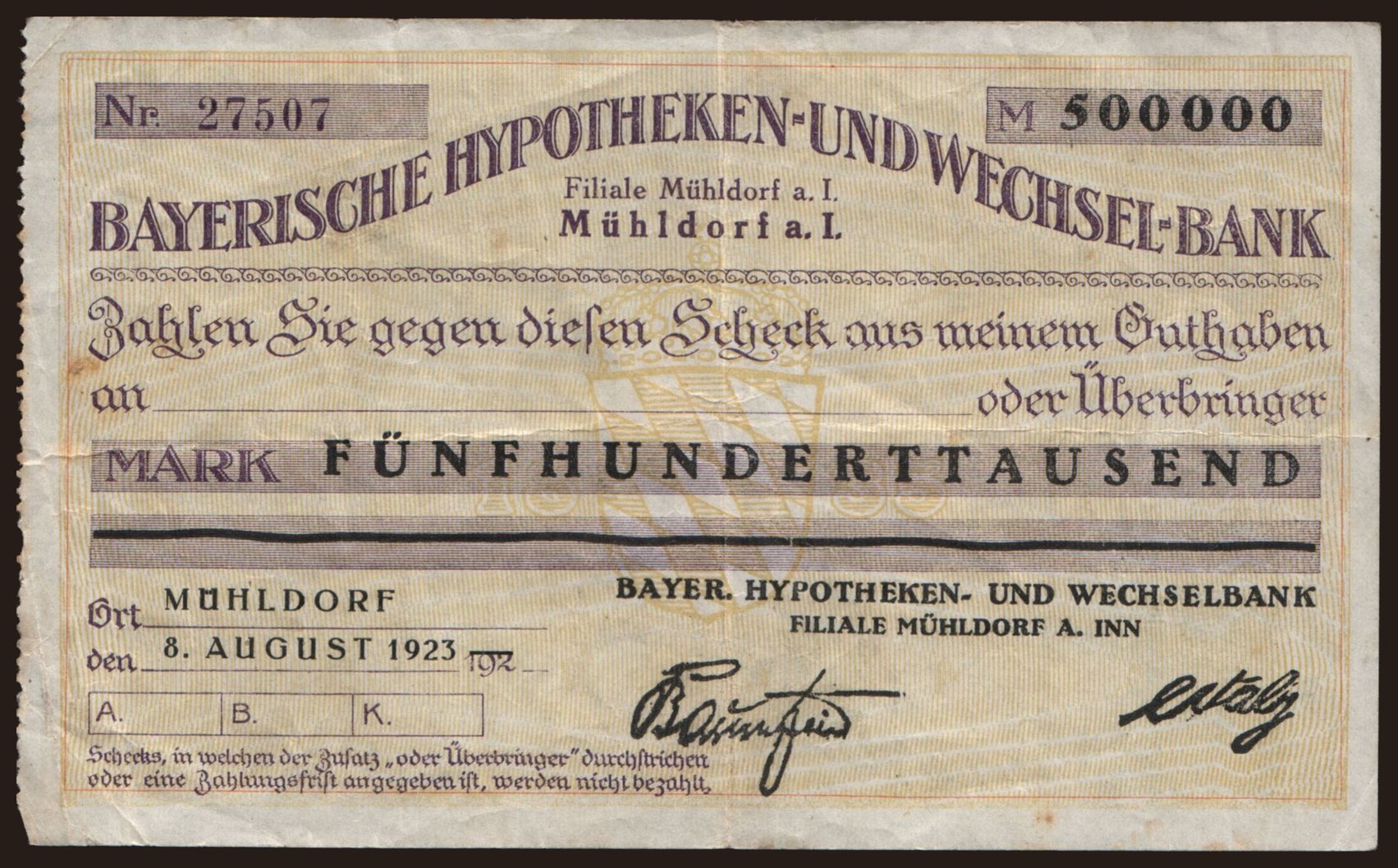 Mühldorf/ Bayerische Hypotheken und Wechsel Bank, 500.000 Mark, 1923