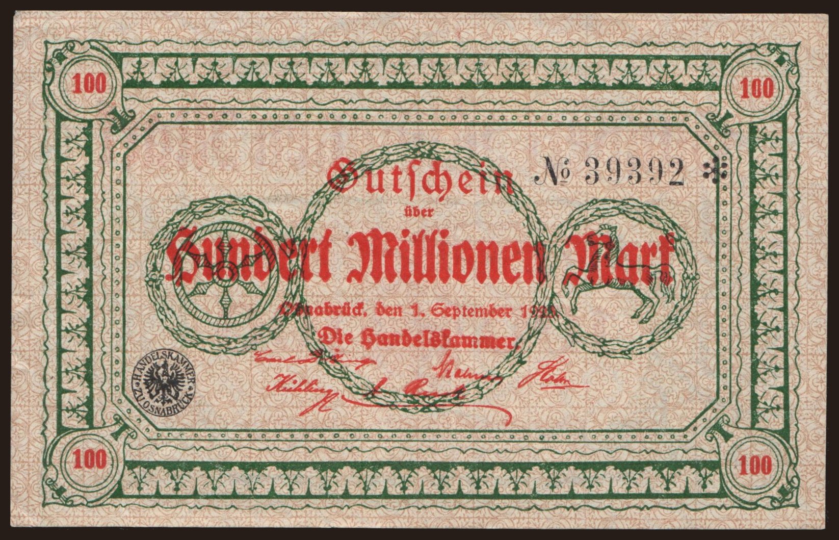Osnabrück/ Handelskammer, 100.000.000 Mark, 1923