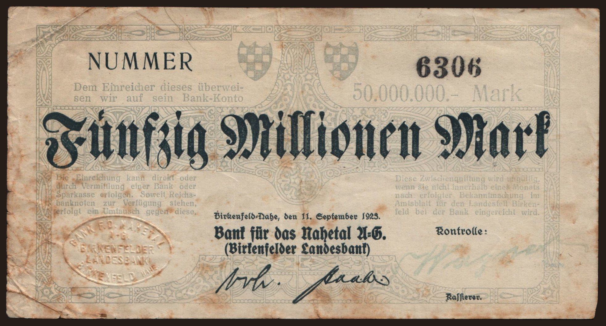 Birkenfeld/ Bank für das Nahetal A.-G., 50.000.000 Mark, 1923