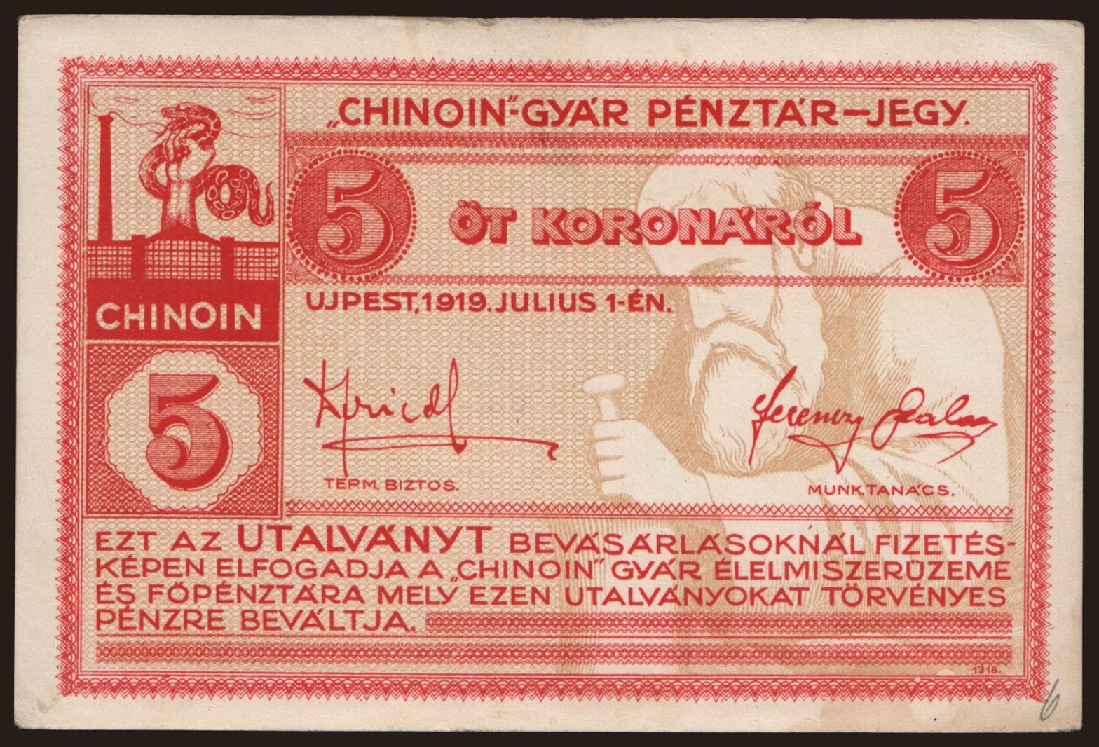 Újpest/ Chinoin-gyár, 5 korona, 1919