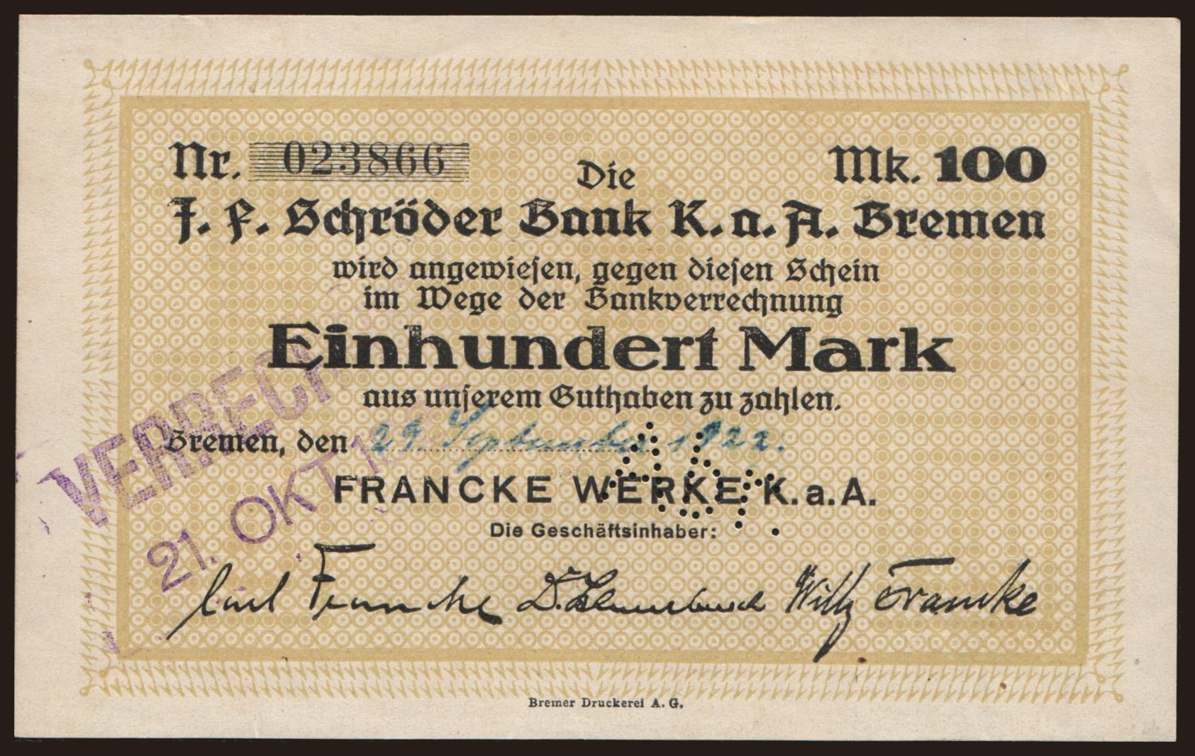 Bremen/ Francke Werke K.a.A., 100 Mark, 1922