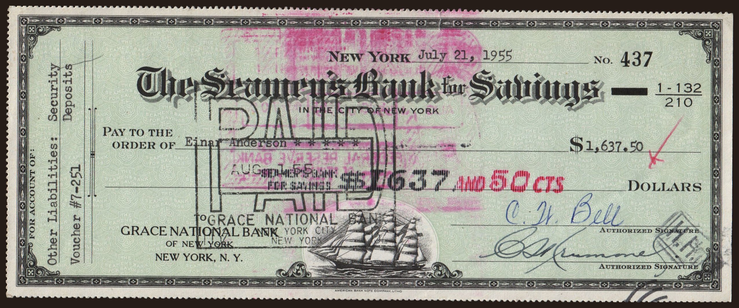 New York, The Seamen s Bank for Savings, 1637.50 dollars, 1955
