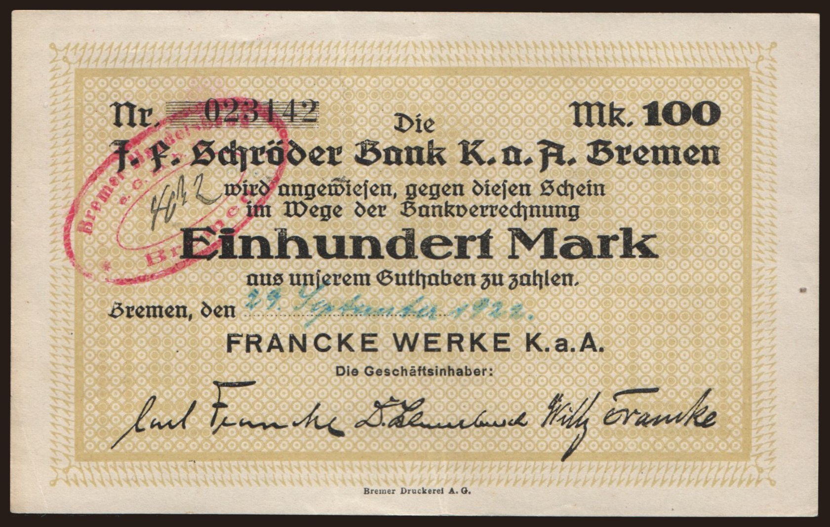 Bremen/ Francke Werke K.a.A., 100 Mark, 1922