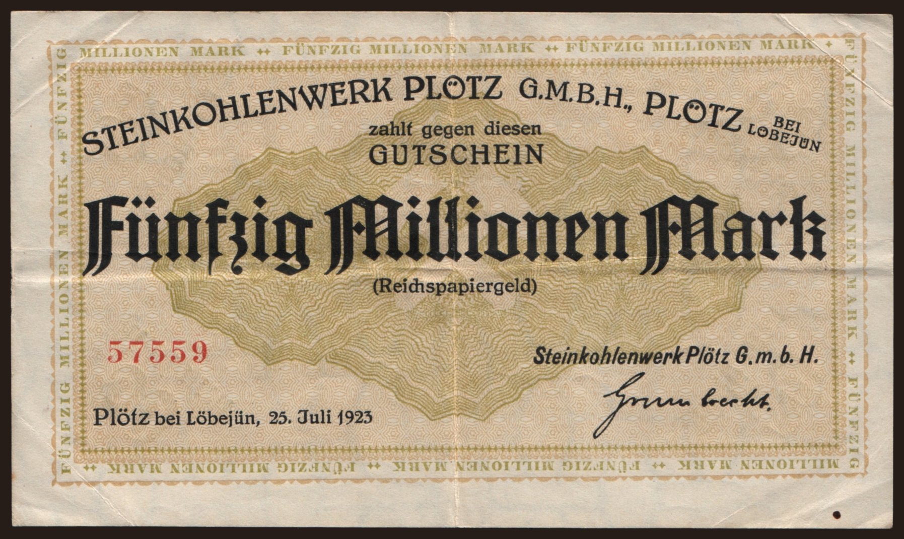 Plötz/ Steinkohlenwerk Plötz G.m.b.H., 50.000.000 Mark, 1923