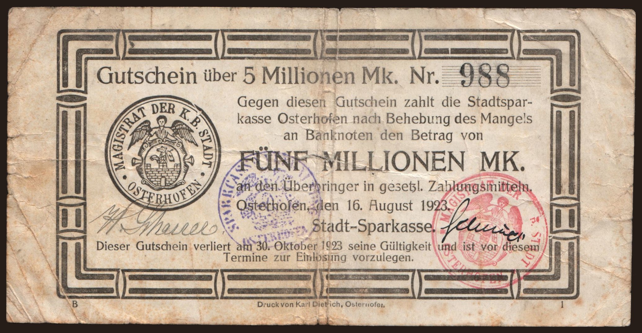 Osterhofen/ Stadt-Sparkasse, 5.000.000 Mark, 1923