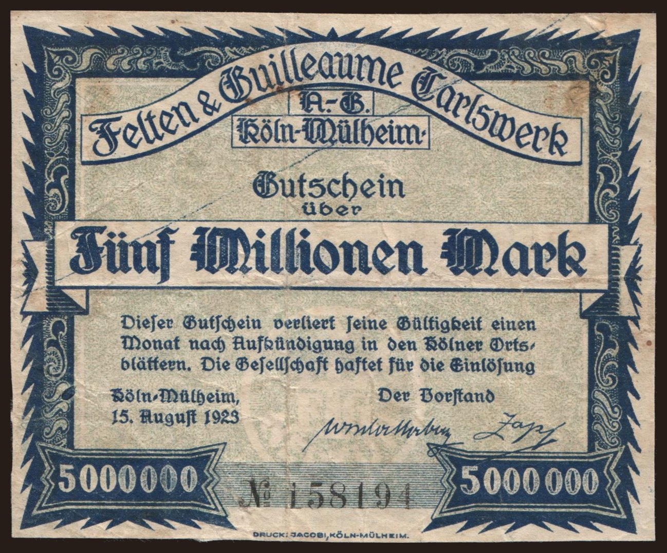 Köln-Mülheim/ Felten & Guilleaume Carlswerk A.G., 5.000.000 Mark, 1923