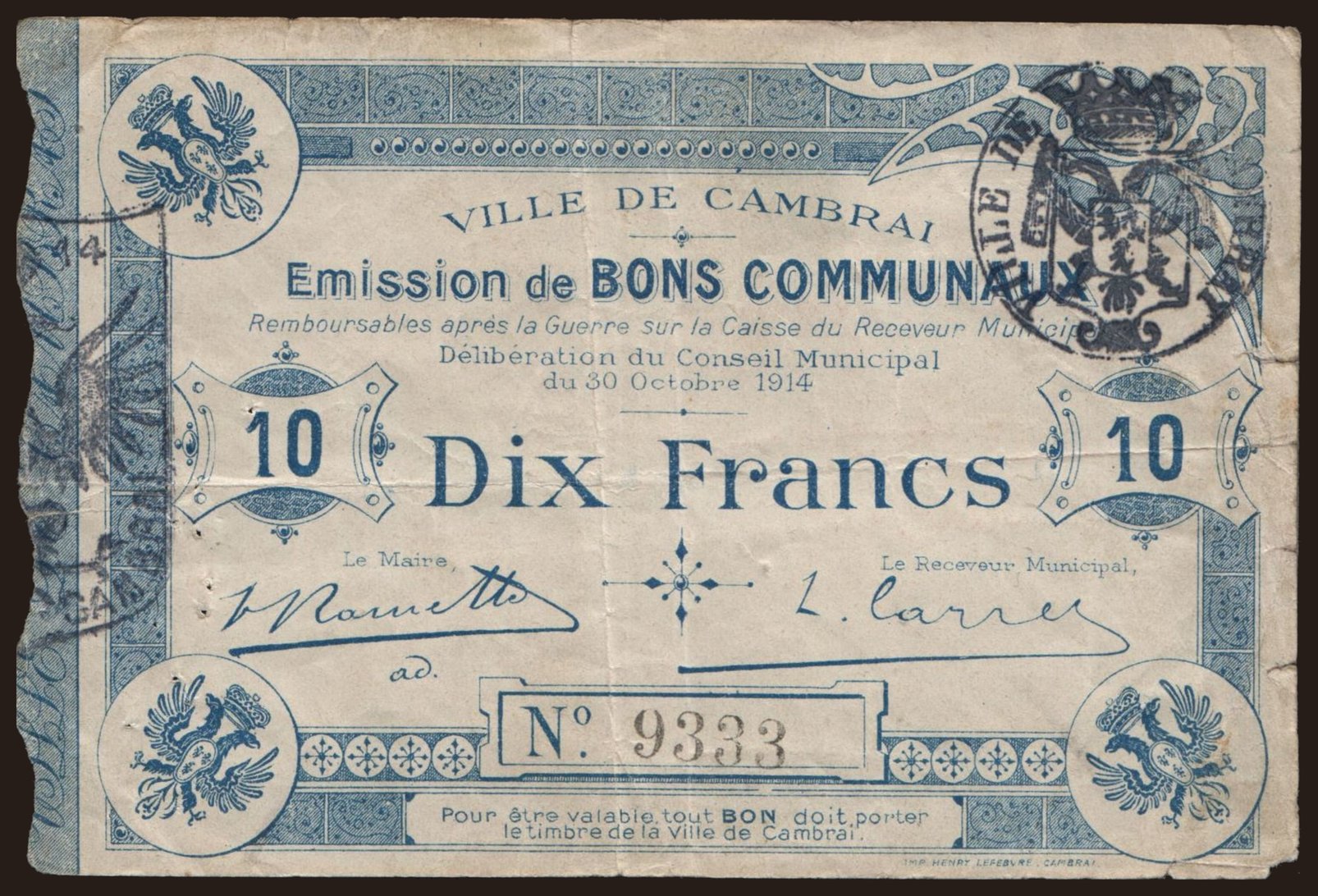 Cambrai, 10 francs, 1914