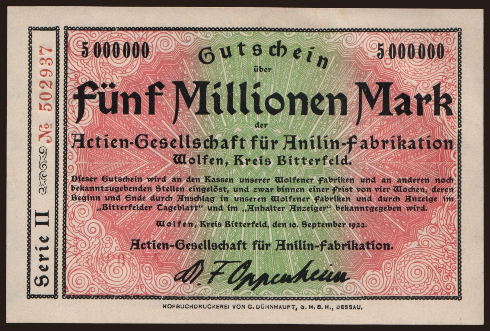 Wolfen/ Actien-Gesellschaft für Anilin-Fabrikation, 5.000.000 Mark, 1923