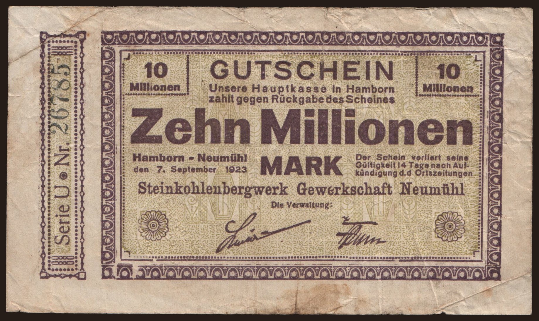 Hamborn/ Steinkohlenbergwerk Gewerkschaft Neumühl, 10.000.000 Mark, 1923