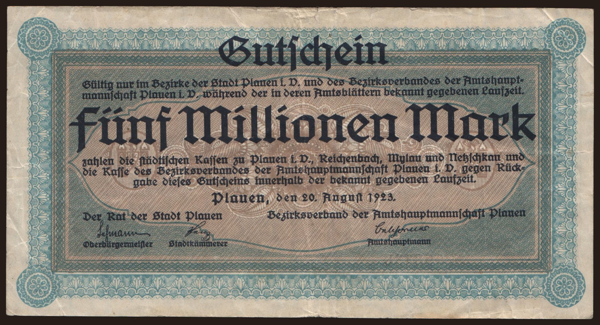Plauen/ Rat der Stadt und Bezirksverband der Amtshauptmannschaft, 5.000.000 Mark, 1923