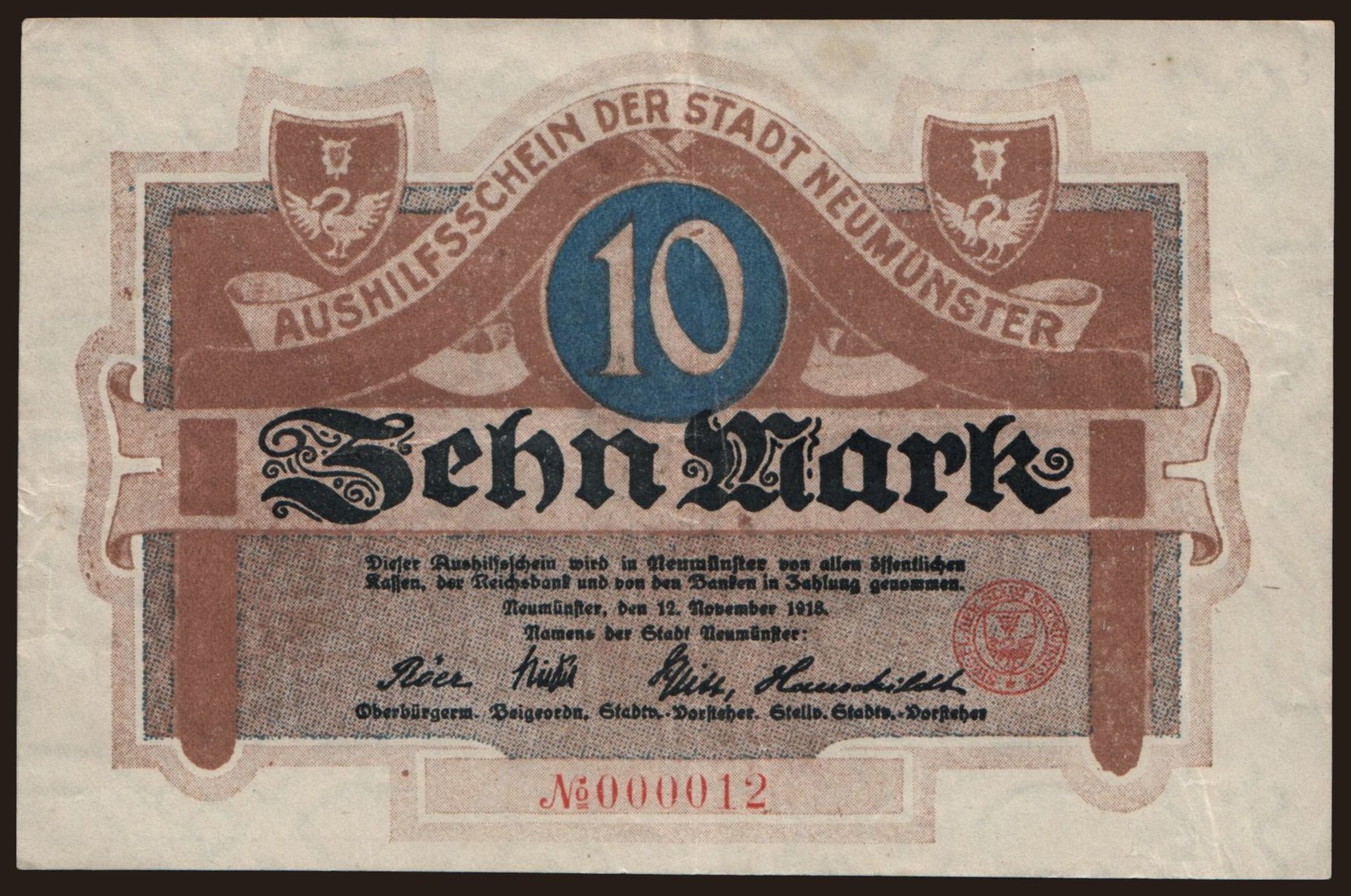 Neumünster/ Stadt, 10 Mark, 1918