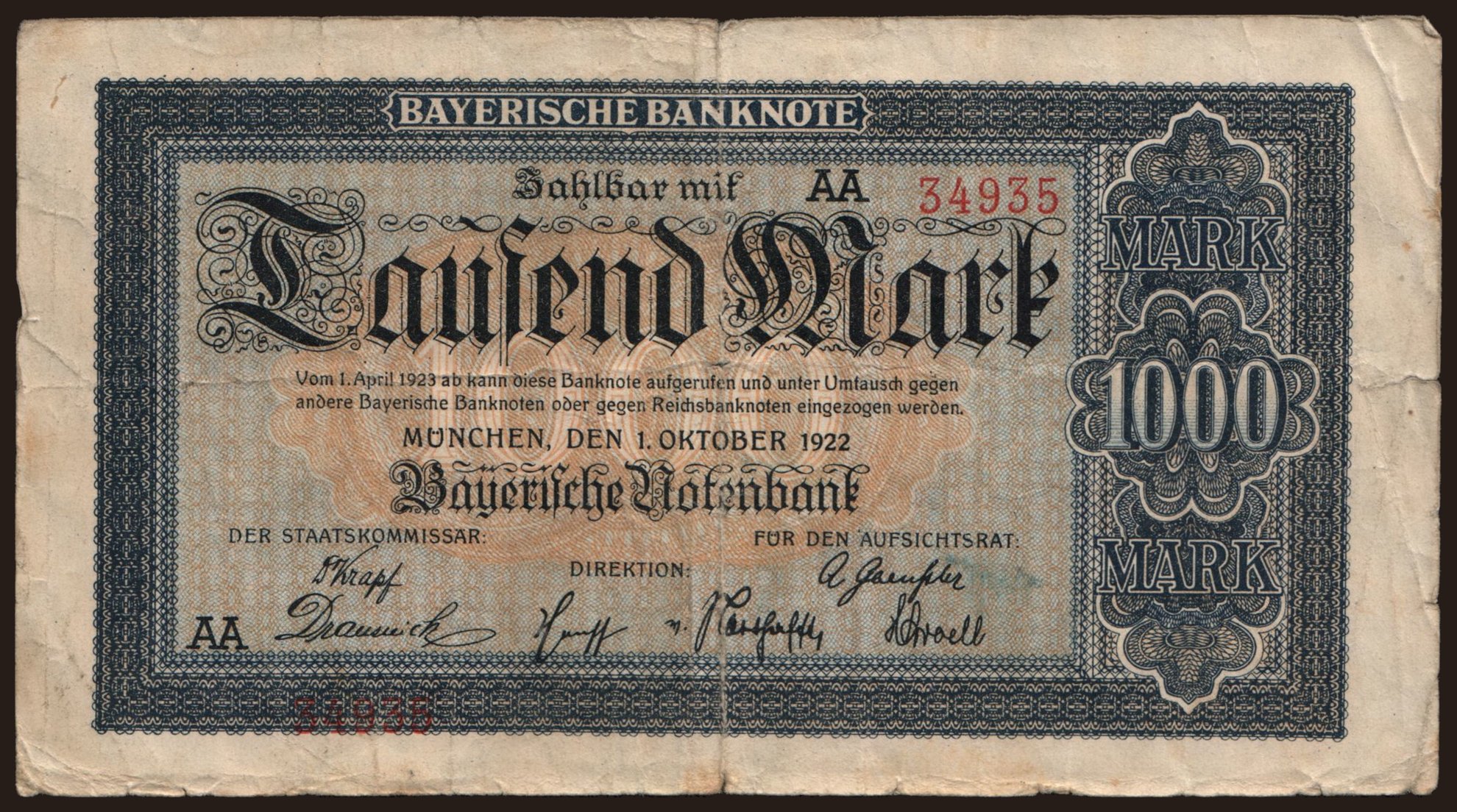 Bayerische Notenbank, 1000 Mark, 1922