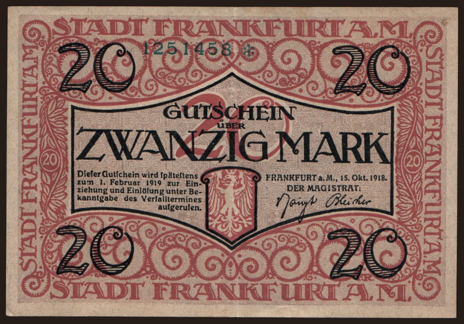 Frankfurt a M./ Stadt, 20 Mark, 1918