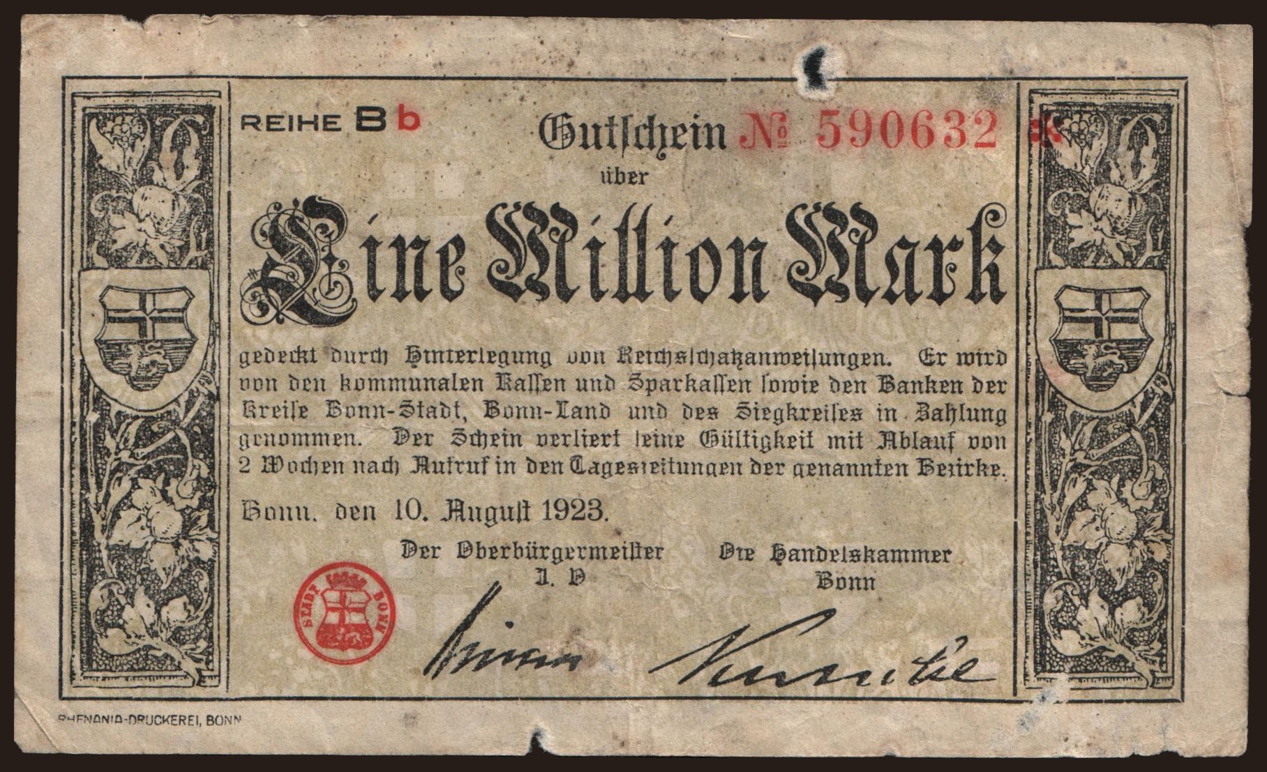 Bonn/ Stadt und Handelskammer gemeinsam, 1.000.000 Mark, 1923