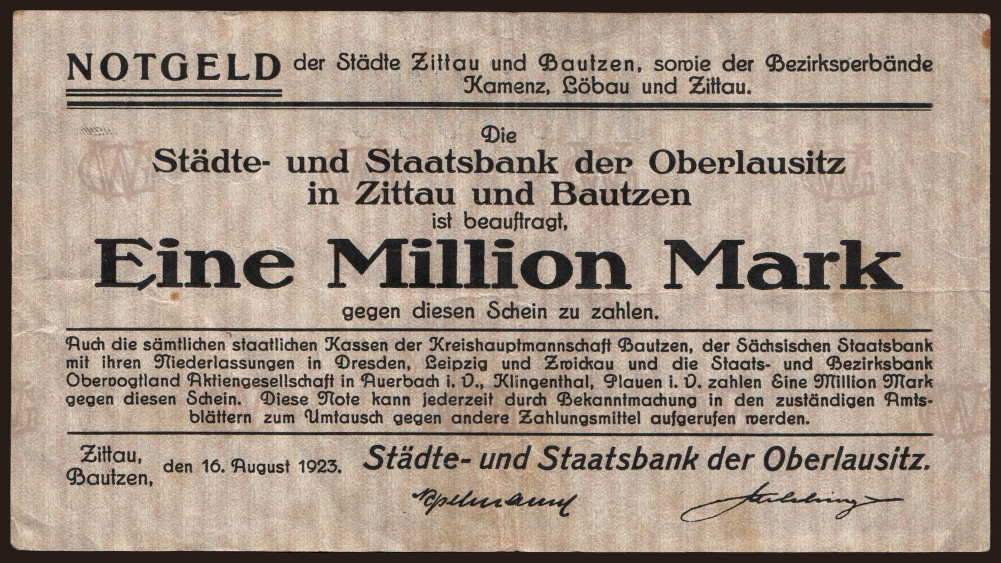 Zittau/ Städte- und Staatsbank der Oberlausitz, 1.000.000 Mark, 1923