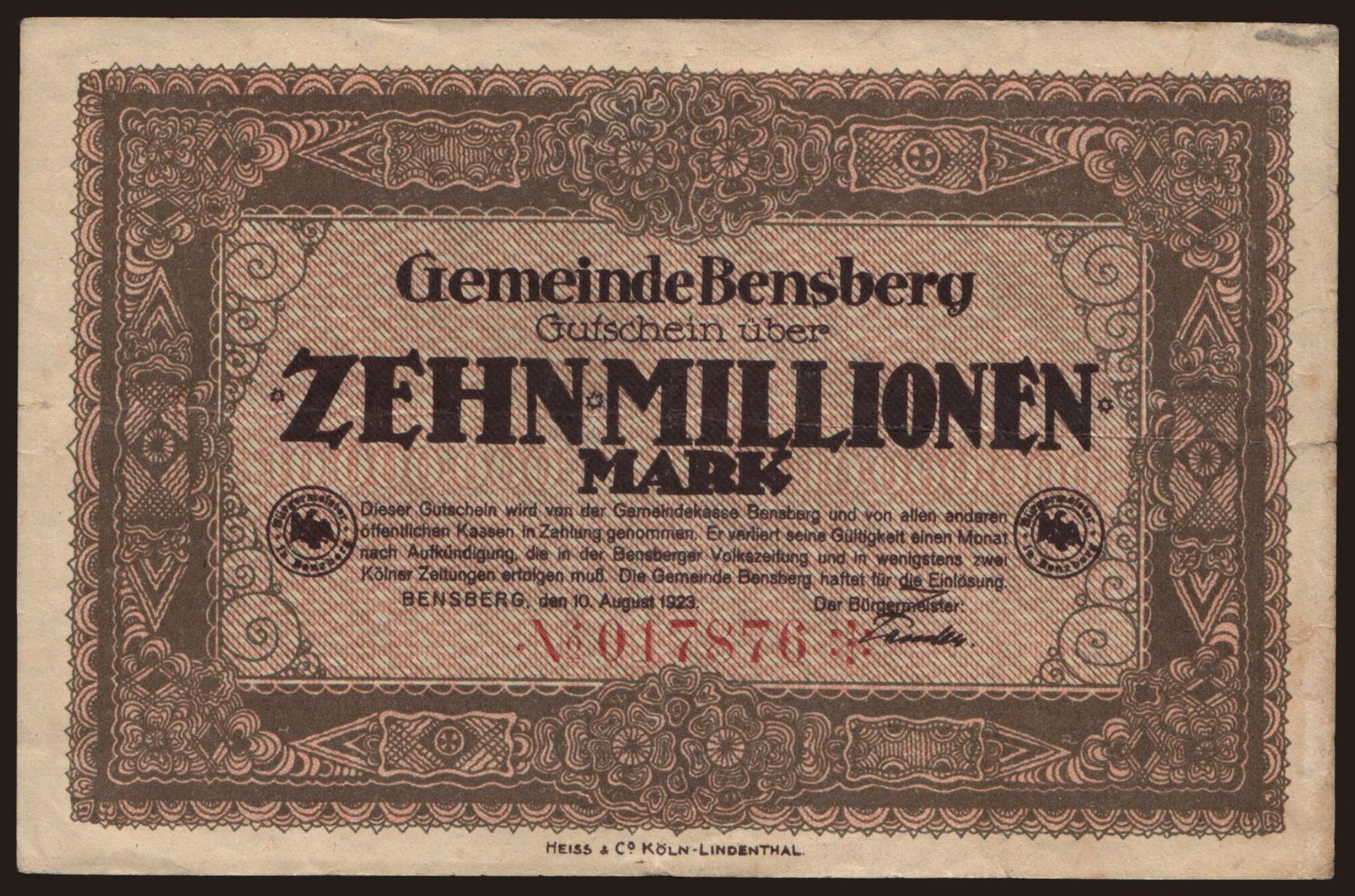 Bensberg/ Gemeinde, 10.000.000 Mark, 1923