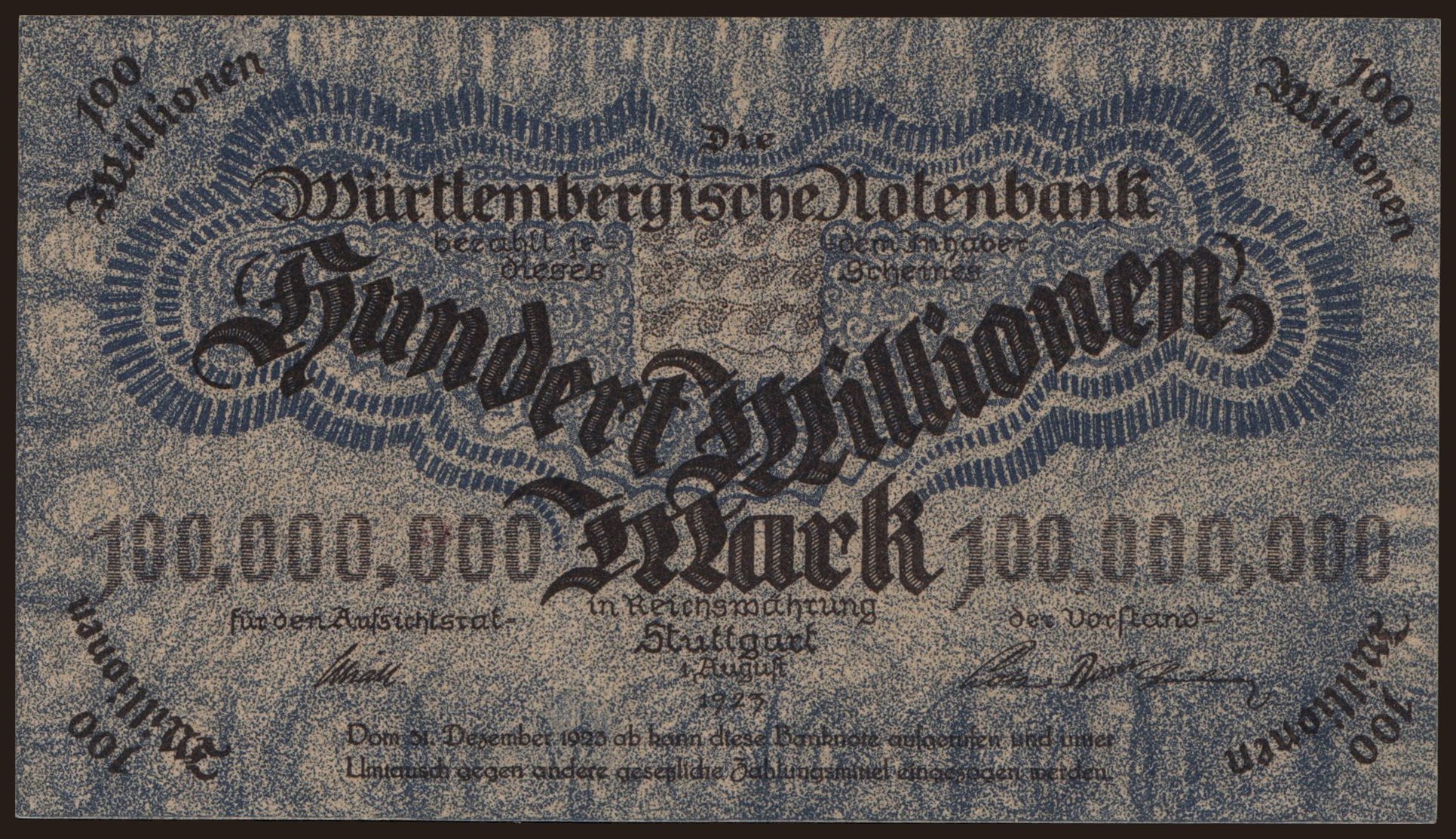 Württembergische Notenbank, 100.000.000 Mark, 1923