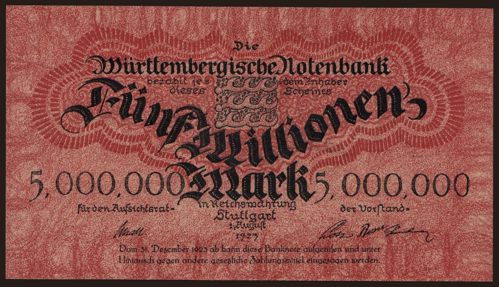 Württembergische Notenbank, 5.000.000 Mark, 1923