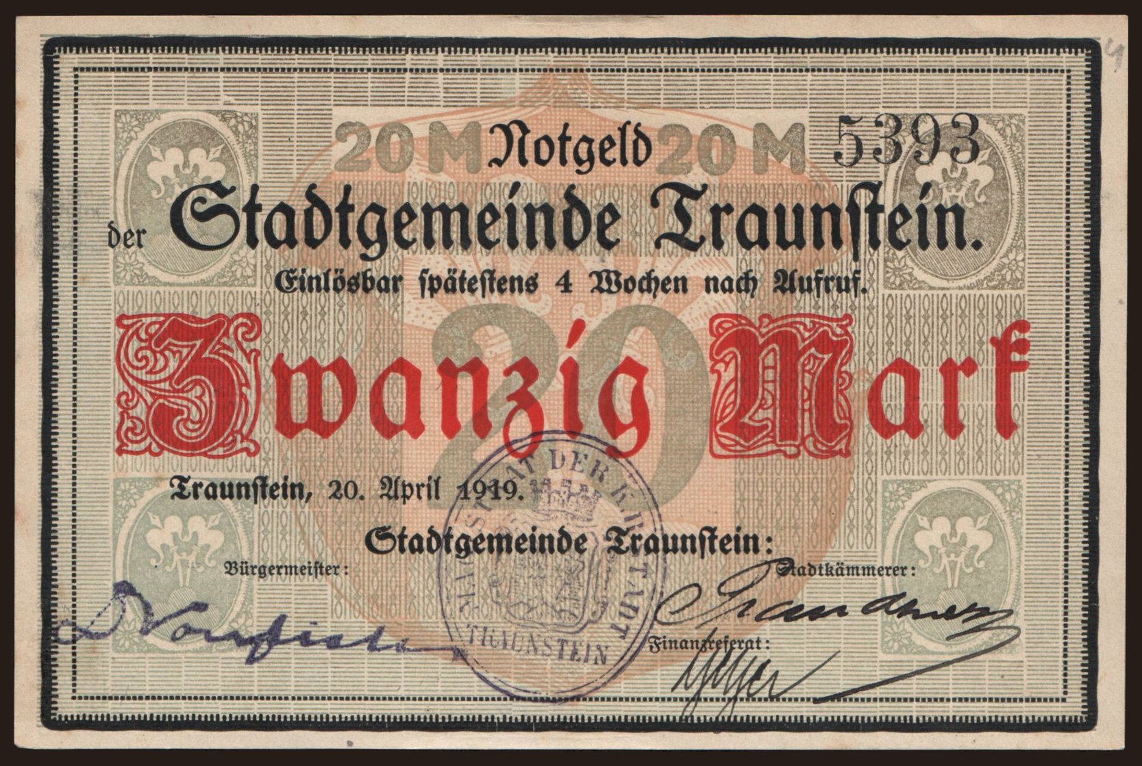 Traunstein/ Stadt, 20 Mark, 1919