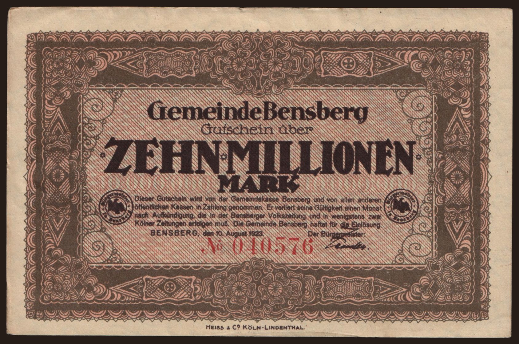 Bensberg/ Gemeinde, 10.000.000 Mark, 1923