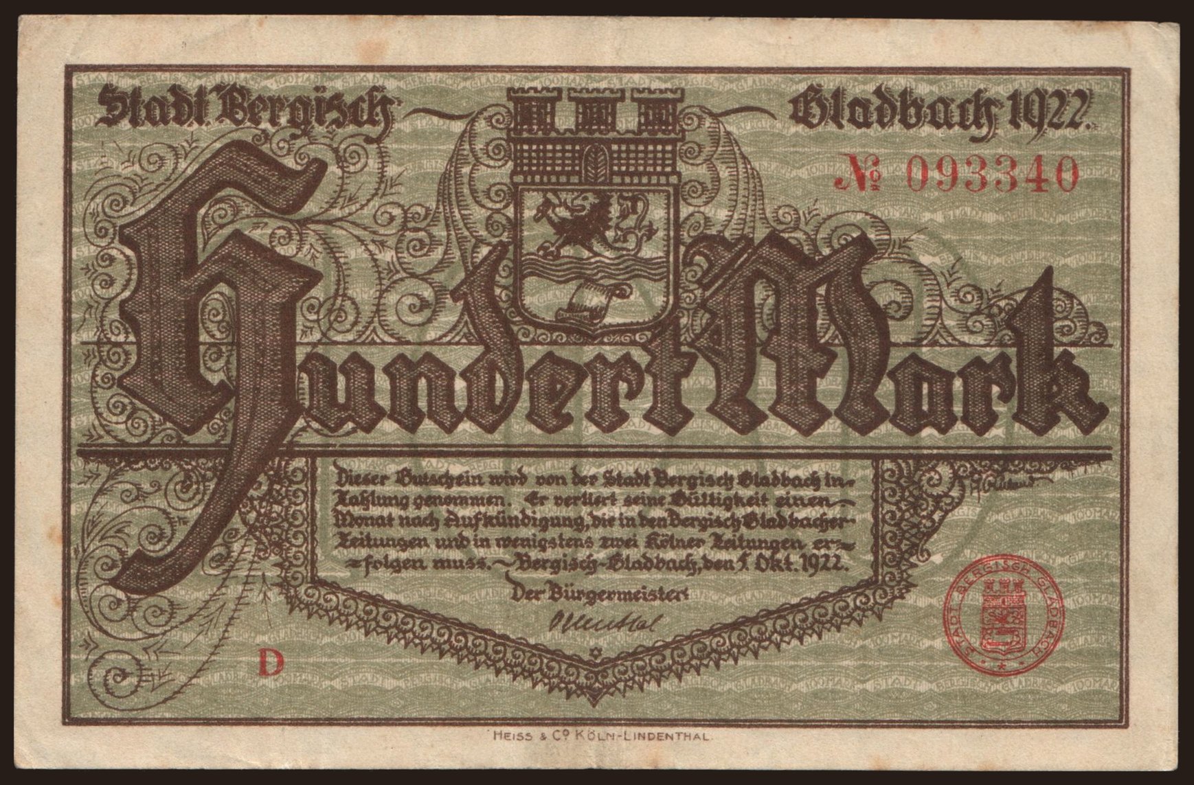 Bergisch-Gladbach/ Stadt, 100 Mark, 1922