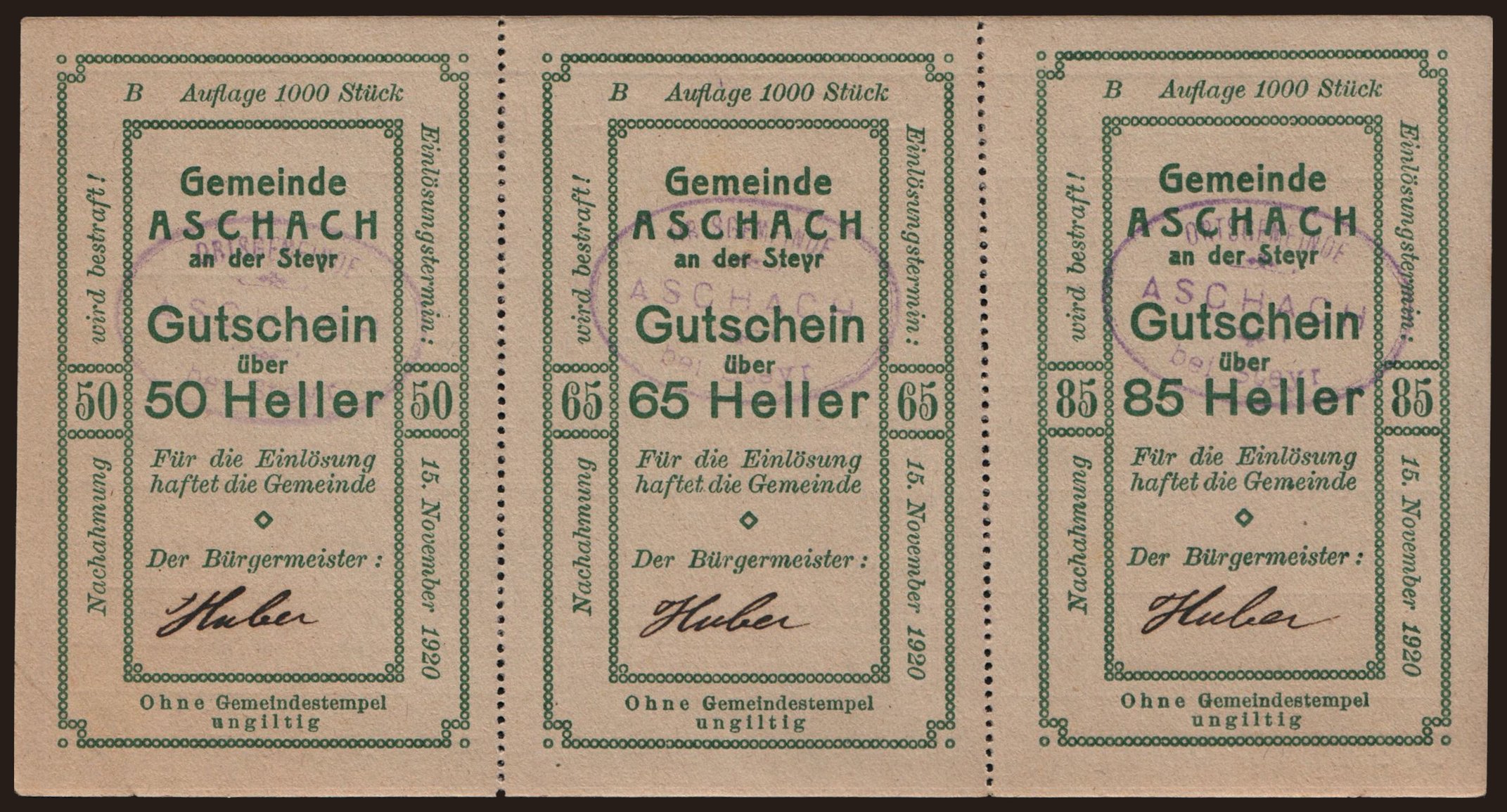 Aschach, 50, 65, 85 Heller, 1920